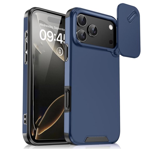 Moreoy Dual Layer Protective Case for iPhone 18 Pro with Built-in Slide Camera Lens Cover, Supports Wireless Charging, Hybrid Heavy Duty Shockproof Drop Protection Phone Shell,Blue