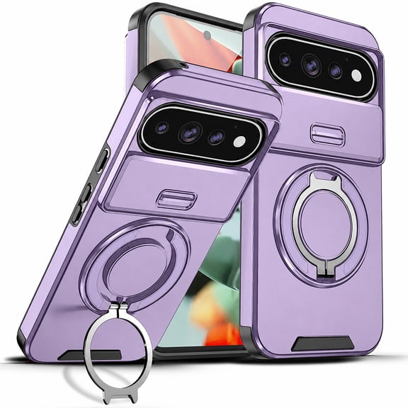 Moreoy for Google Pixel 11 / Pixel 11 Pro Dual-Layer Protective Case with Slide Lens Cover and 360° Rotatable Magnetic Metal Ring Kickstand, Camera Protection Heavy Duty Shockproof Cover,Purple