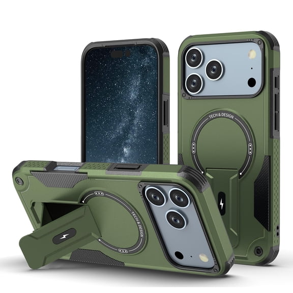 Moreoy Magnetic Case for iPhone 18 Pro Max with Kickstand, Compatible with MagSafe, Heavy Duty Shockproof Drop Protection Bumper Hybrid Dual Layer Armor Hard Protective Phone Case Cover,Army Green