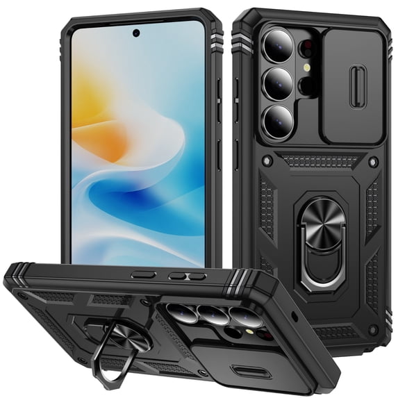 Moreoy Magnetic Kickstand Case for Samsung Galaxy S26 Ultra Built-in Sliding Lens Cover Protection, Shockproof Dual-layer Protective Phone Case with Rotatable Metal Ring Holder Stand,D