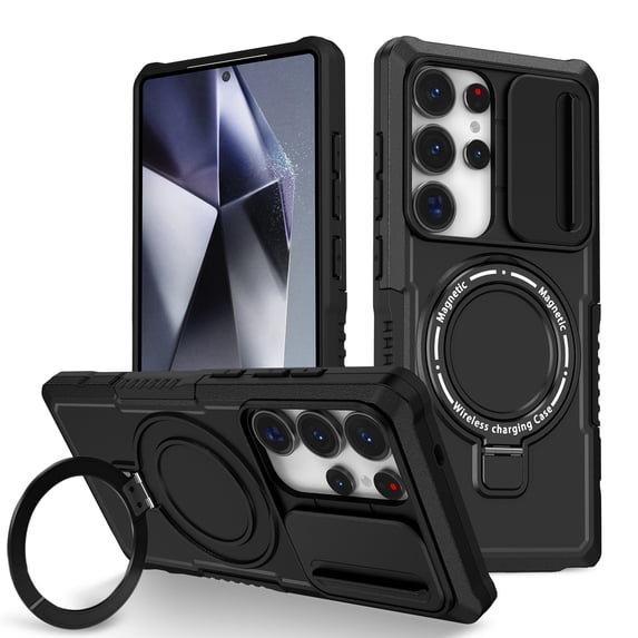 Moreoy Magnetic Kickstand Case for Samsung Galaxy S26 Ultra with Slide Lens Cover, Compatible with MagSafe with Metal Ring Holder Stand Shockproof Non-Slip Bumper Protective Phone Shell,Black