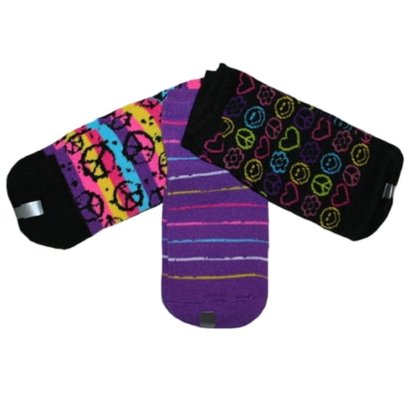 Moret Girls No Show Socks, 3 Pairs, Black/Purple Peace 6-8.5