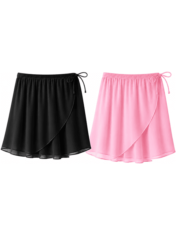 Moret Kids Girls Ballet and Dance 2-Pack Chiffon Wrap Skirts, Black and Pink, Medium