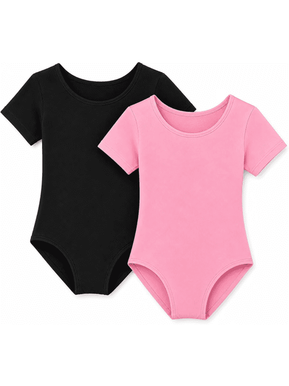 Moret Kids Girls Ballet and Dance 2-Pack Short Sleeve Leotards, Black and Pink, Large