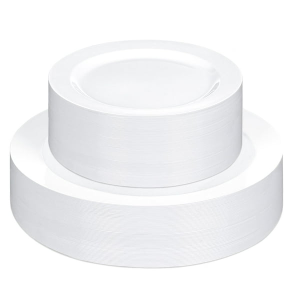 Moretoes 100PCS White Plastic Plates Disposable AFN110inch Dinner Plates and 7inch Dessert Salad Plates Heavy Duty Plates for Wedding Party and Birthday