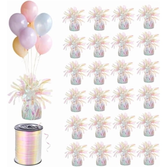Moretreat Iridescent Metallic Balloon Weights 24 Pack with 500 yd Curling Ribbon for Party Decor