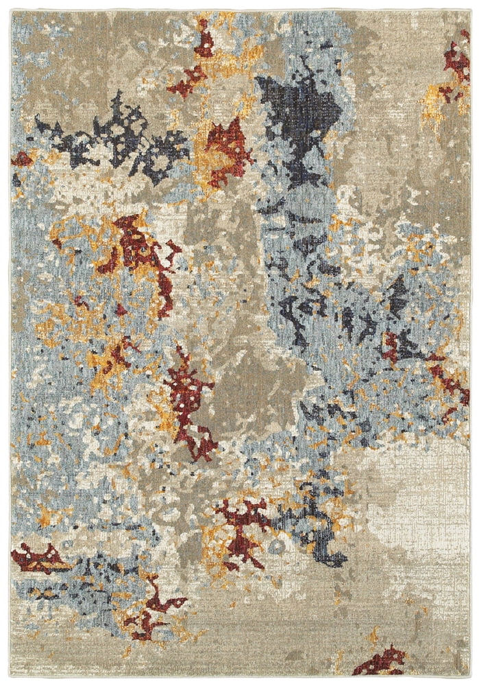 Beige and Blue Synthetic Oriental Rectangular Area Rug 6.7x9.6