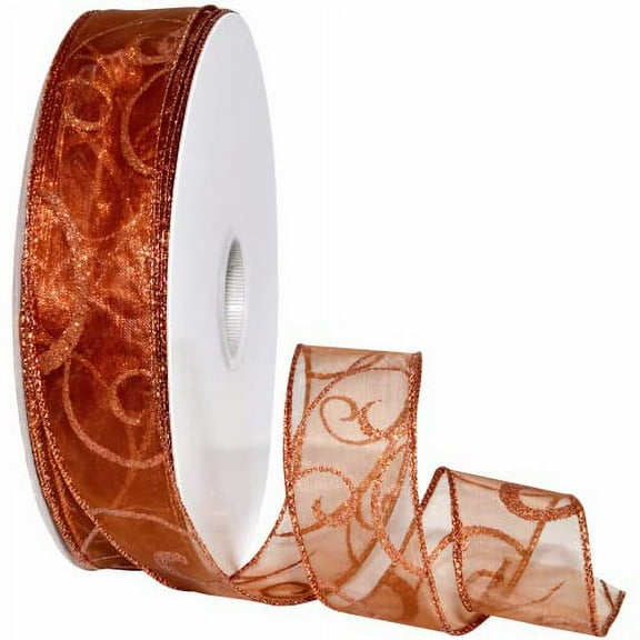 Morex Ribbon 7416.40/50-633 Swirl 1.5" X 50 YD Nylon Sheer Curling Wired Glitter Ribbon, Copper, Holiday Ribbons for Crafts and Christmas Decorations, Indoor Christmas Ribbon for Gift Wrapping