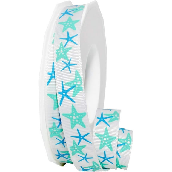 Morex Ribbon Coastal Celebrations - All Star Fish Ribbon, 5/8 inch by 20 yards, White 5/8" X 20 YD White, Stars