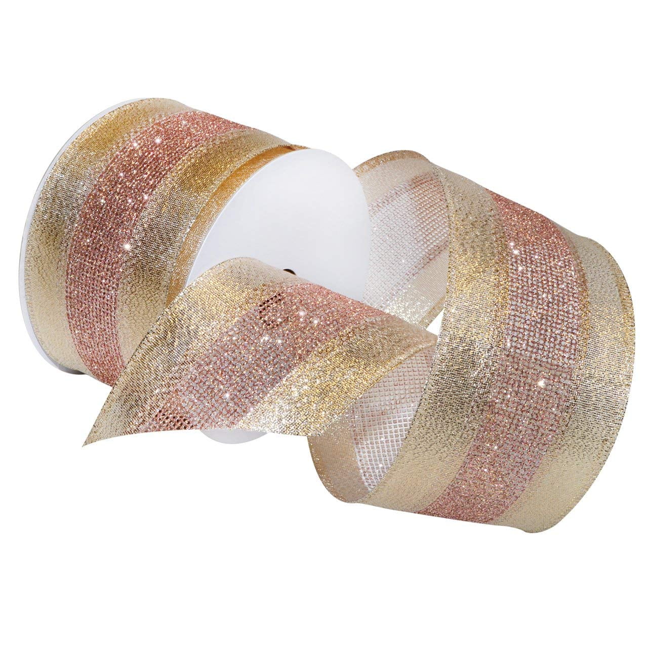 Morex Ribbon, Dimensions Wired Ribbon, 2-1/2 in x 20 yd, Blush/Gold