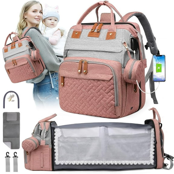 Morfone Diaper Bag Backpack with Changing Station, Waterproof Large Capacity Baby Bag with USB Charging Port & Pacifier Case - Unisex, Pink Gray