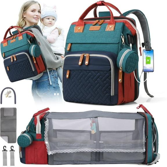Morfone Diaper Bag Backpack with Changing Station, WaterproofLarge Capacity Baby Bag with USB Charging Port & Pacifier Case - Unisex, Colorful
