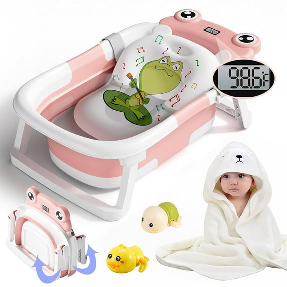 Morfone Collapsible Baby Bathtub with Thermometer, Hooded Towel, Soft Cushion and Bath Toys, Portable Travel Baby Tub for Newborn to Toddler 0-36 Months, Pink