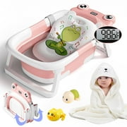 Morfone Collapsible Baby Bathtub with Thermometer, Hooded Towel, Soft Cushion and Bath Toys, Portable Travel Baby Tub for Newborn to Toddler 0-36 Months, Pink