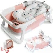 Morfone Collapsible Baby Bathtub, Baby Bath Tub with Soft Cushion & Thermometer, Baby Bathtub Newborn to Toddler 0-36 Months, Portable Travel Baby Tub, Pink