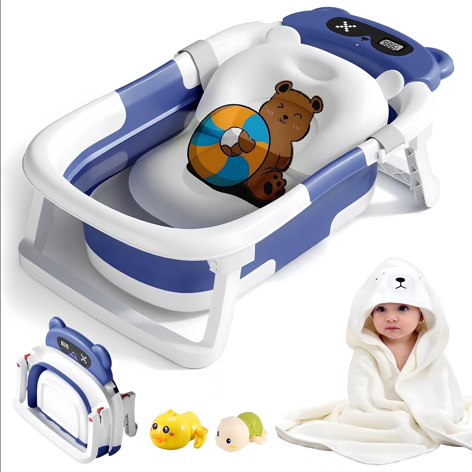 Morfone Collapsible Baby Bathtub for Newborn to Toddler 0-36 months with Thermometer, Hooded Towel, Soft Cushion and Bath Toys, Portable Travel Baby Tub with Drain Hole, Blue