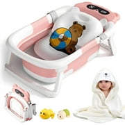 Morfone Collapsible Baby Bathtub for Newborn to Toddler 0-36 months with Thermometer, Hooded Towel, Soft Cushion and Bath Toys, Portable Travel Baby Tub with Drain Hole, Pink