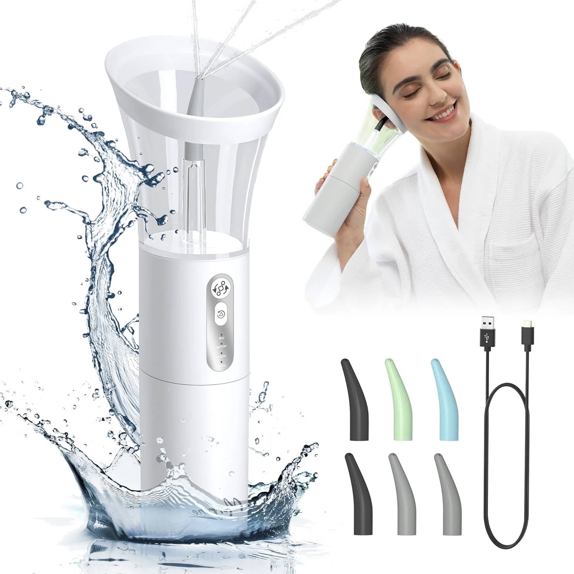 Morfone Ear Wax Removal with One-Piece Waste Tank, Ear Cleaner with Water Temperature Sensor, 4 Pressure Settings, Ear Cleaning Kit for Ear Wax Buildup & USB-C Cable, IPX6, White