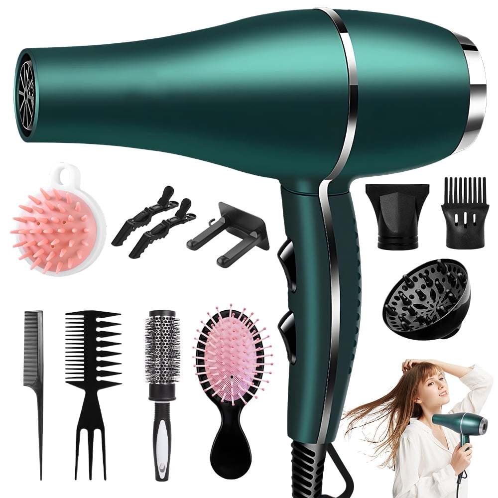 Morfone Hair Dryer, Professional Negative Ionic Thermo-Control Blow Dryer with Hair Diffuser & Nozzle, Green