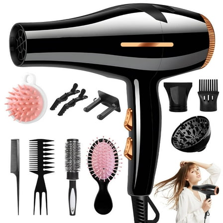 Morfone Hair Dryer, Professional Negative Ionic Thermo-Control Blow Dryer with Hair Diffuser & Nozzle, Black