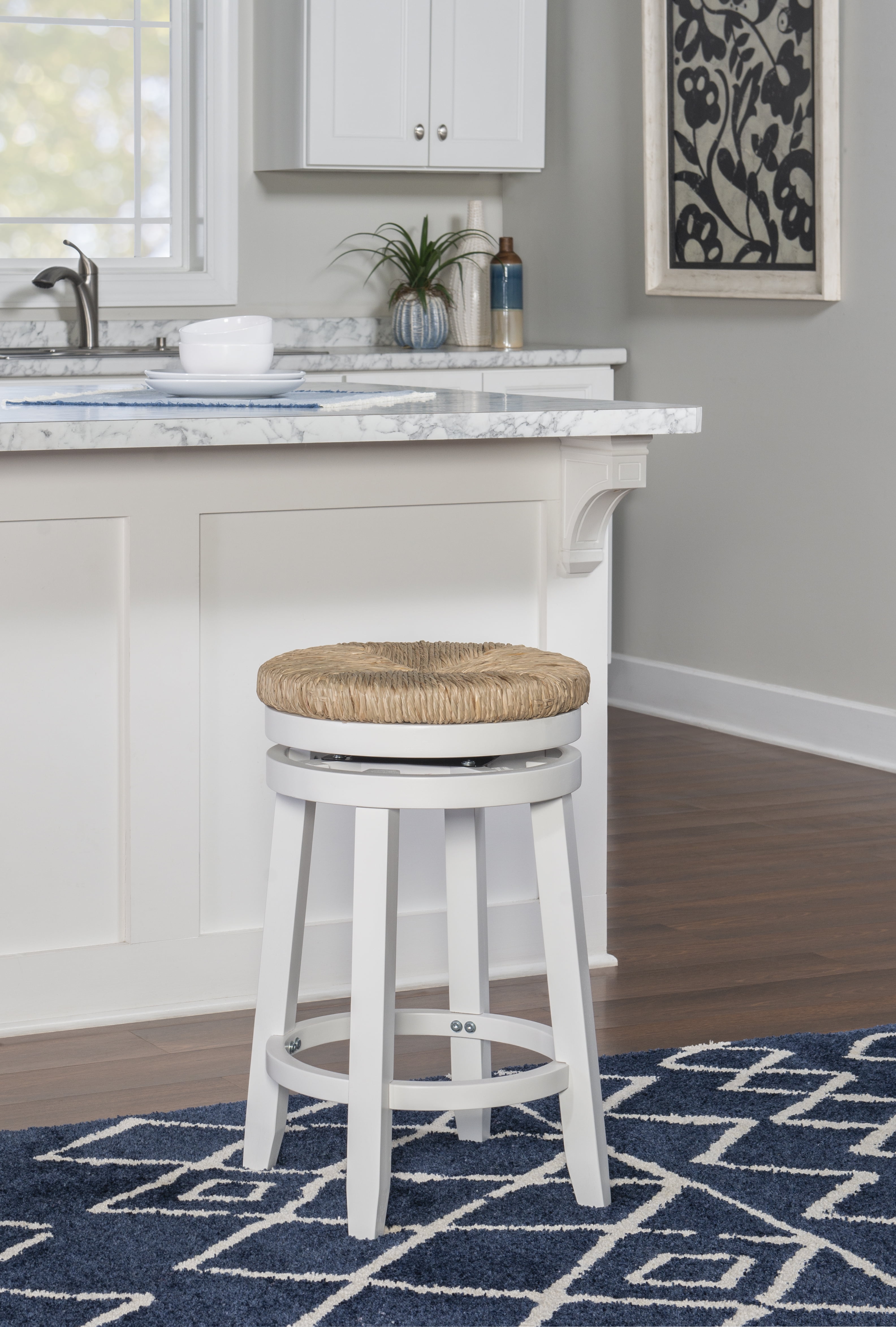 25" Backless Counter Stool with Swivel, White with Natural Rush
