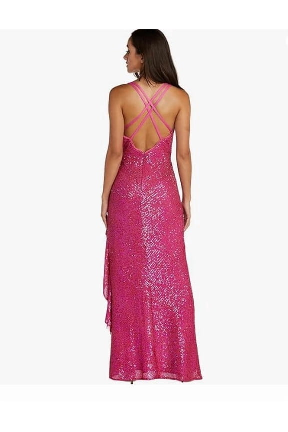 Long Hi-Lo Sequined Dress W/V-Neck, Ruffle Draped & Strappy Back 13