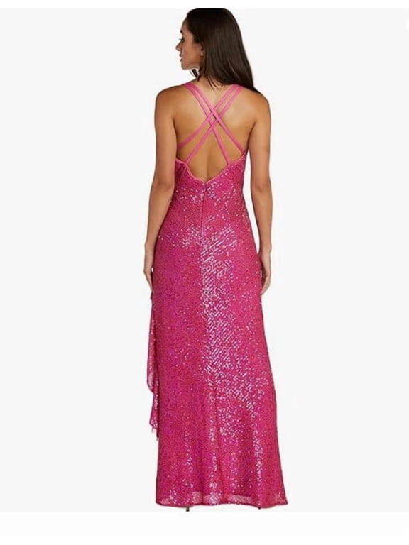 Long Hi-Lo Sequined Dress W/V-Neck, Ruffle Draped & Strappy Back 13