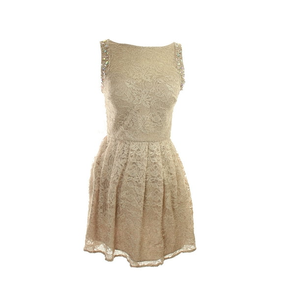 Morgan & Co Champagne Lace Fit And Flared Sequined Dress -
