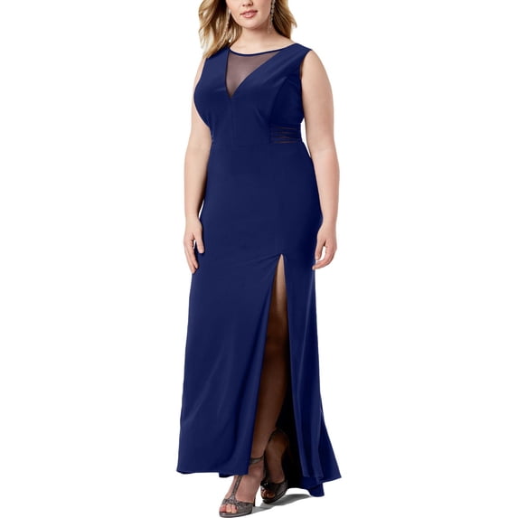 Morgan & Co. Womens Plus Sheer V Neck Evening Dress Navy 18W
