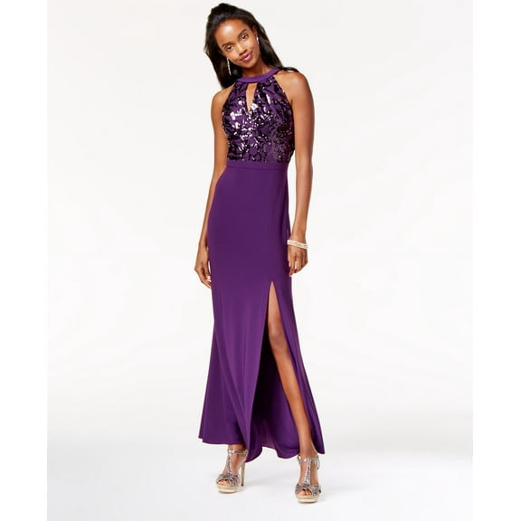 Morgan Company Juniors Side Slit Sequined Gown Plum 13
