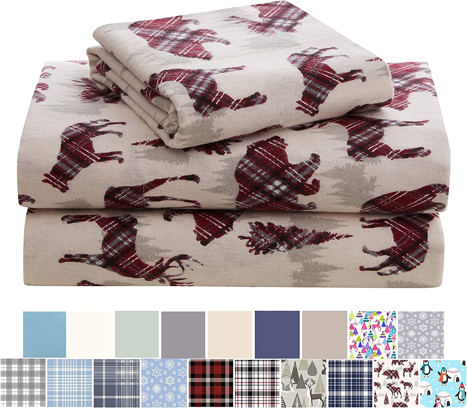 Twin Beige and Red Cotton Flannel Sheet Set with Plaid Wilderness Design