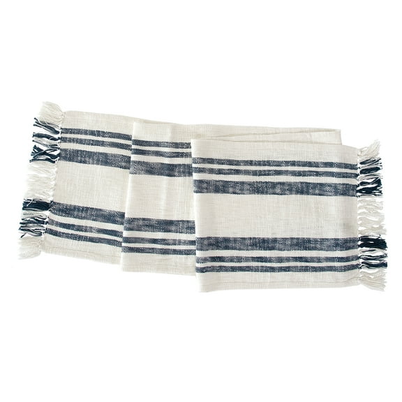 Morgan Navy 100% Cotton Handwoven Quilted Table Runner 16" x 51" w/ Fringe Tassels