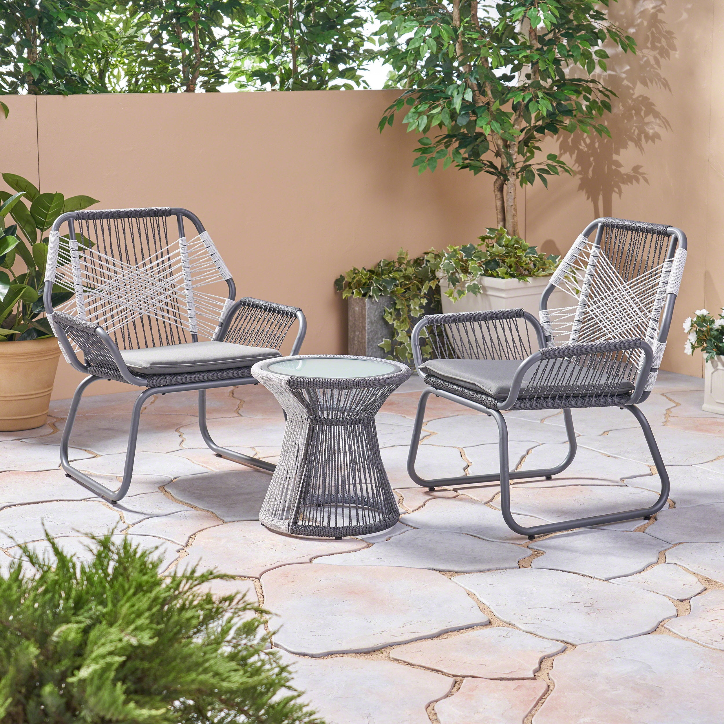 Morgan Outdoor 3 Piece Rope and Steel Chat Set and Table, Gray, White