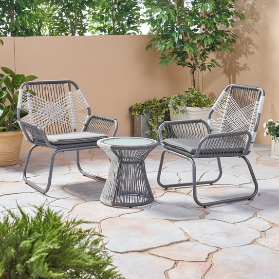 Morgan Outdoor 3 Piece Rope and Steel Chat Set and Table, Gray, White