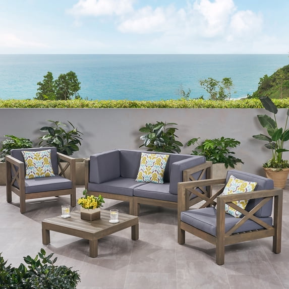 Morgan Outdoor 4 Seater Acacia Wood Loveseat Chat Set, Gray Finish and Dark Gray