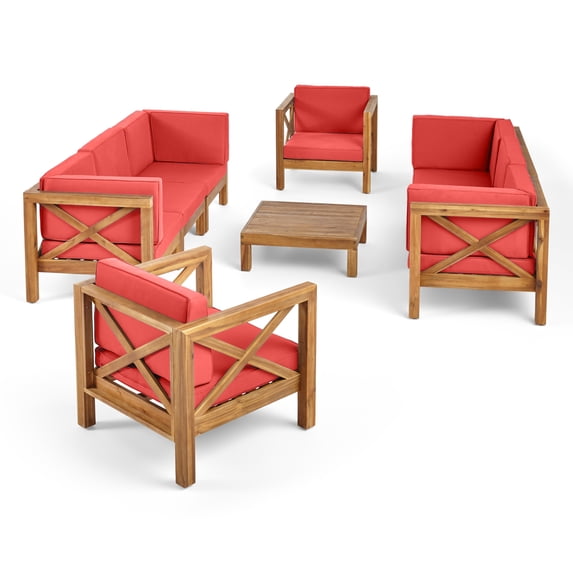 Morgan Outdoor 8 Seater Acacia Wood Sofa and Club Chair Set, Teak Finish and Red