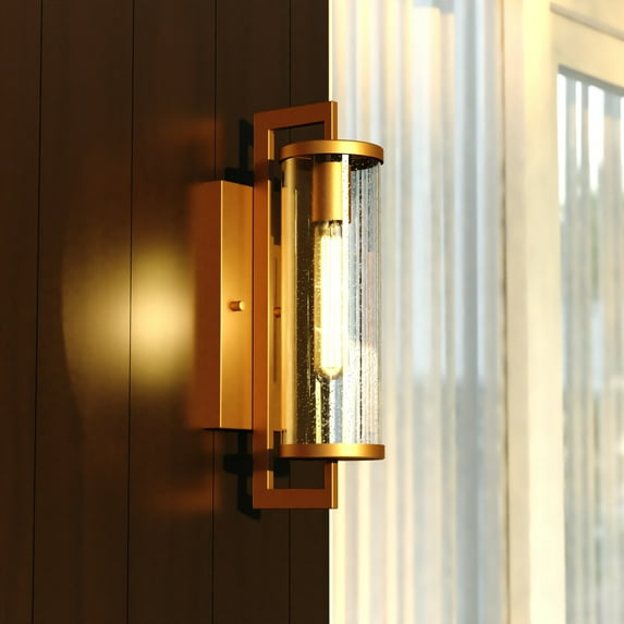 Morgan Park 16 in. H 1-Light Warm Brass Dusk to Dawn Modern Outdoor Wall Sconce with Clear Seeded Glass Shade, Steel Frame, LED Compatible, Use for Exterior Porch Patio Front Door or Garage