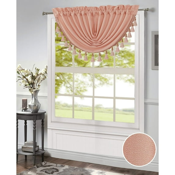 Morgan Rod Pocket Waterfall Valance With Fringe Tassels, Blush, 48x37 Inches