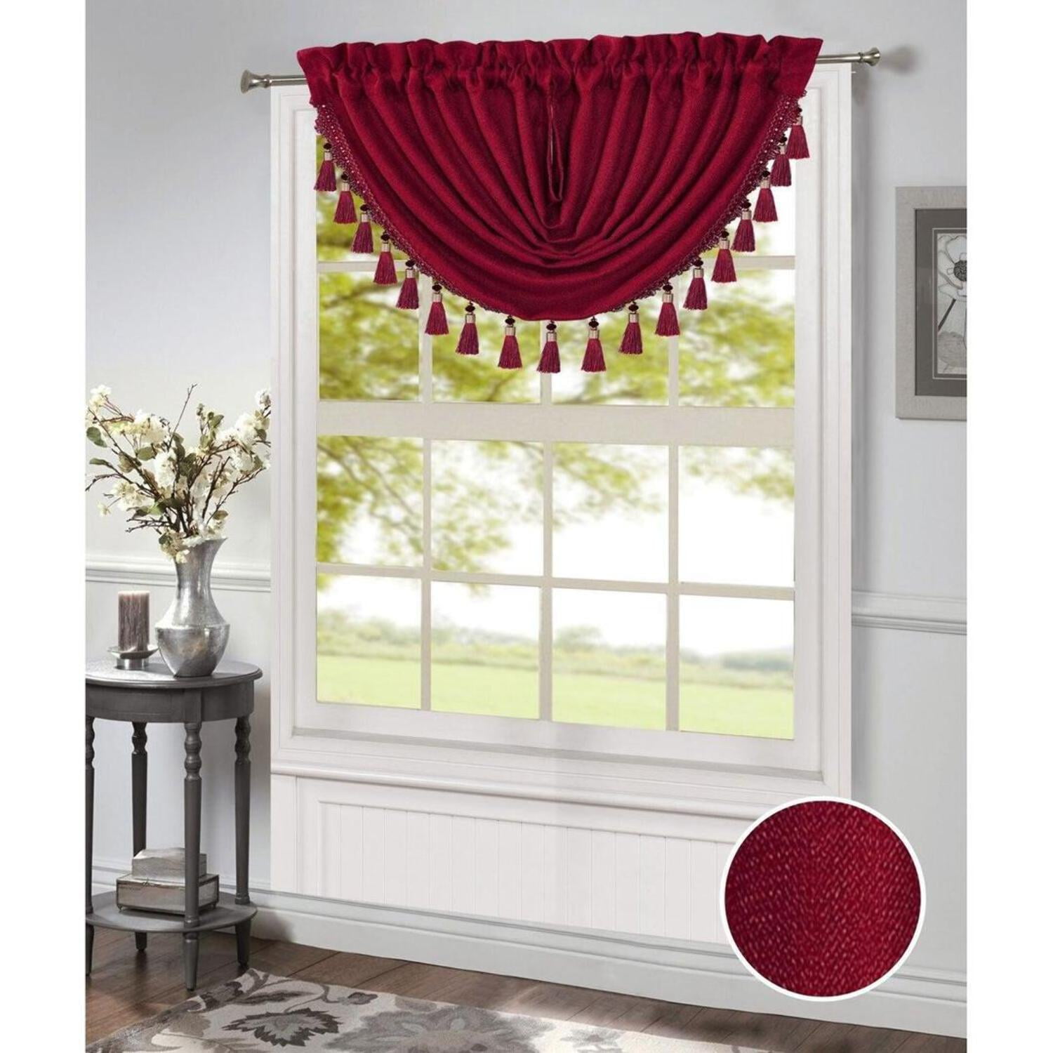 Morgan Rod Pocket Waterfall Valance with Fringe Tassels Burgundy 48x37 Inches