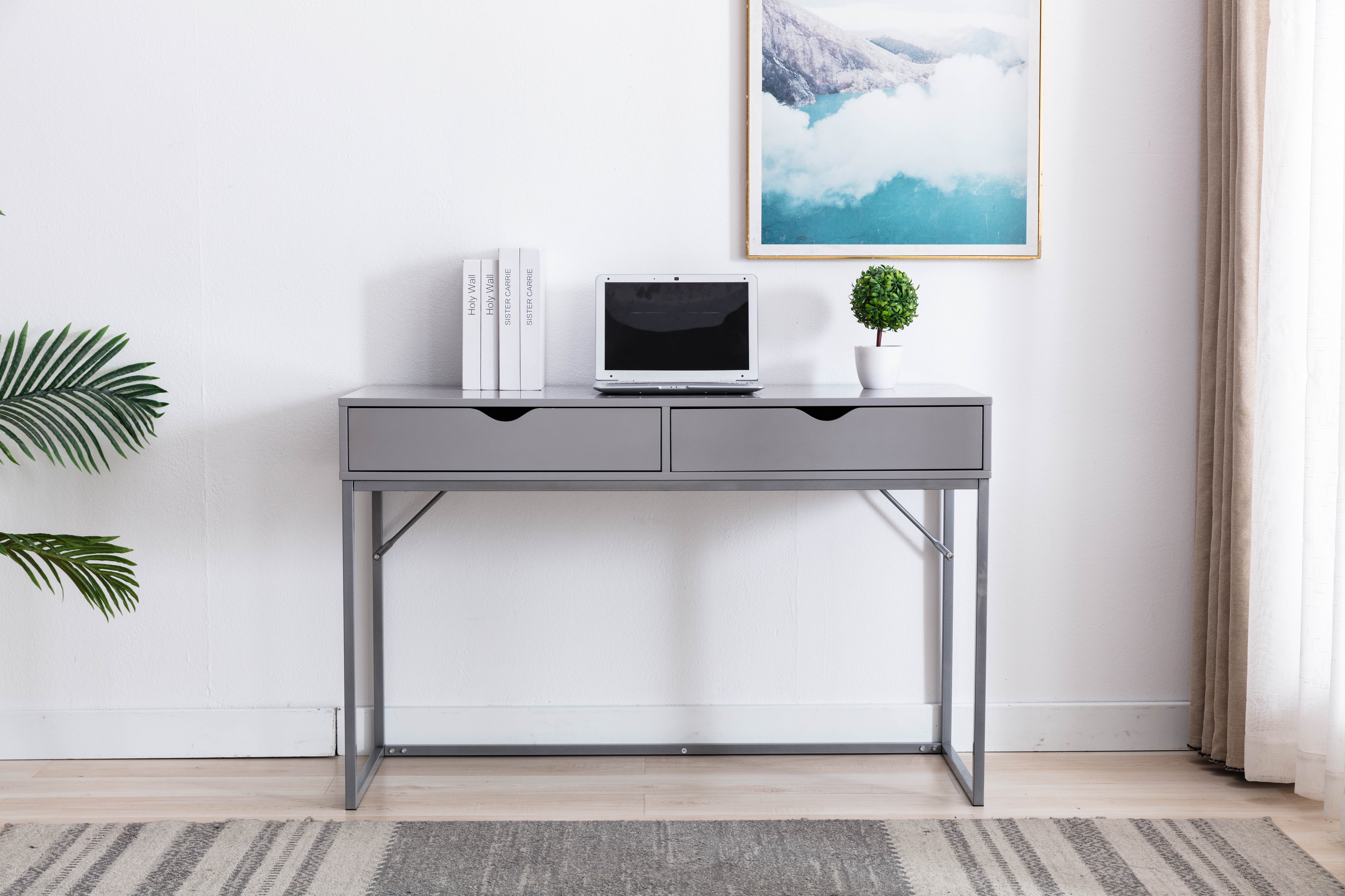 Contemporary Gray Wood Writing Desk with Drawer and Metal Base