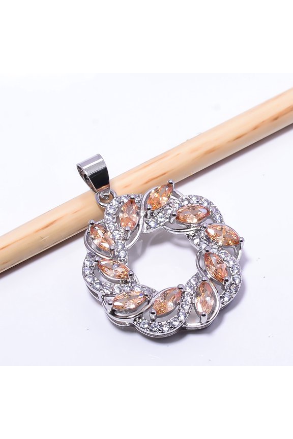 Morganite & Cubic Zirconia Gemstone 925 Sterling Silver Pendant 1.29" P13 Christmas Sale, New Year Gift