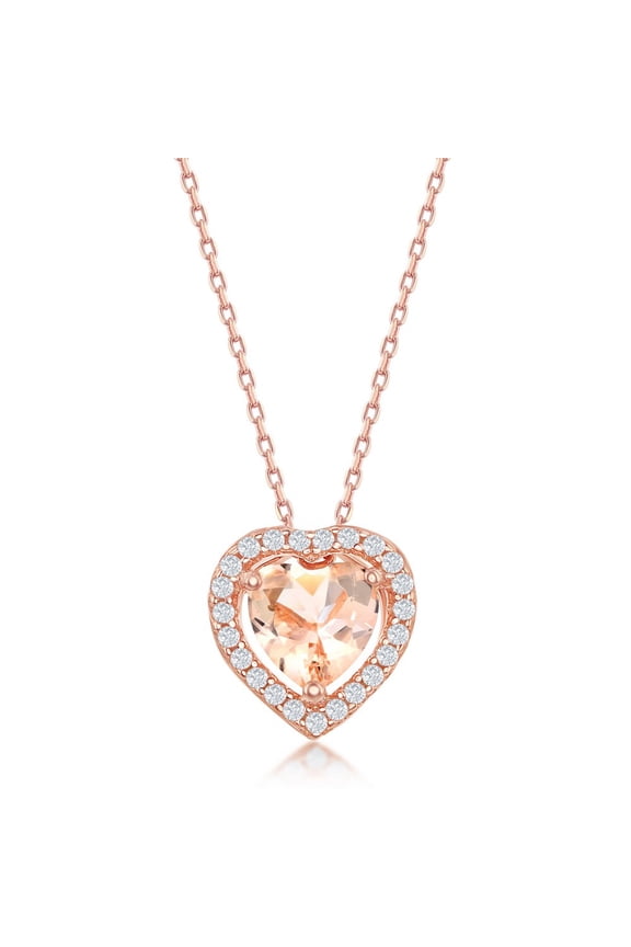 Morganite Cubic Zirconia Heart with White CZ Border Rose Gold Plated Sterling Silver Pendant 16+2" Necklace Jewelry for Women or Teens