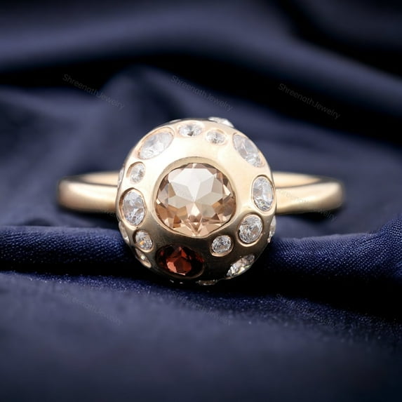Morganite & Garnet Engagement Ring, Art Deco Diamond Promise Ring Statement Ring For Her Yellow Gold Handmade Jewelry Birthday Gift For Wife