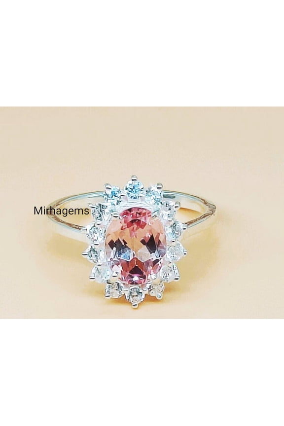 Morganite Halo engagement ring, padparadscha sapphire colour,Solitaire ring, vintage design, Princess Eugenie, pink stone ring,oval cut Ring
