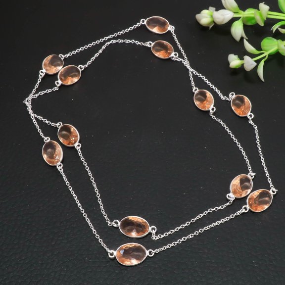 Morganite Oval Shape Gemstone Handmade Superb Gift For Love Necklace Jewelry 36"