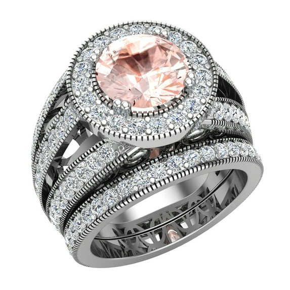 Morganite Wedding Ring Set 14K White Gold Halo Rings for Women 3.95 Carat ( G , SI )