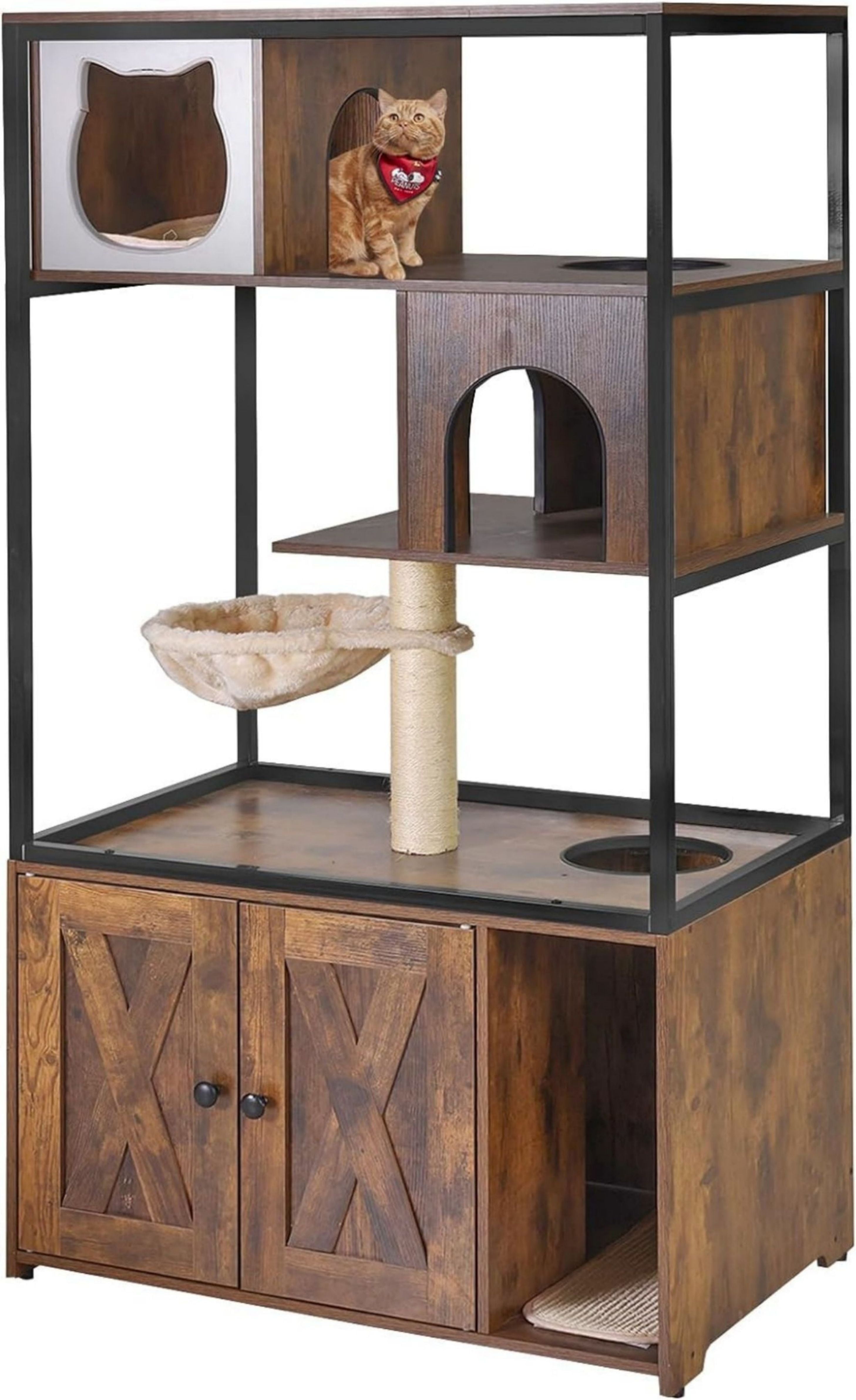 Brown Wooden 3-Story Cat Condo with Sisal Scratching Post