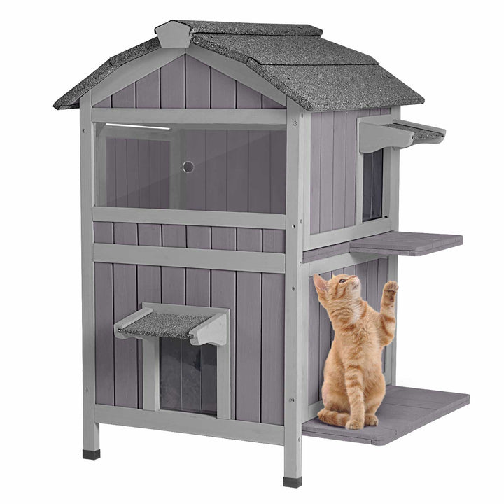 Insulated Outdoor Cat House Winter Feral Cat Shelter Wooden Shelter with Balcony