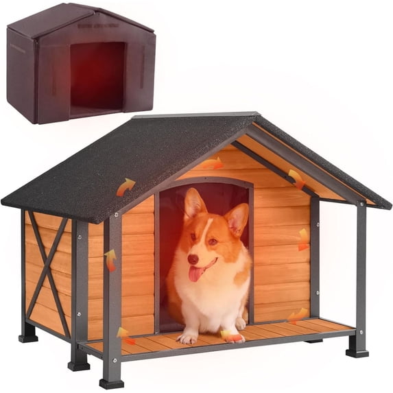 Aivituvin Insulated Dog House with Insulated Liner, Anti-Chewing Iron Frame 34.3" Large Outdoor Dog Kennel for Winter, Weatherproof