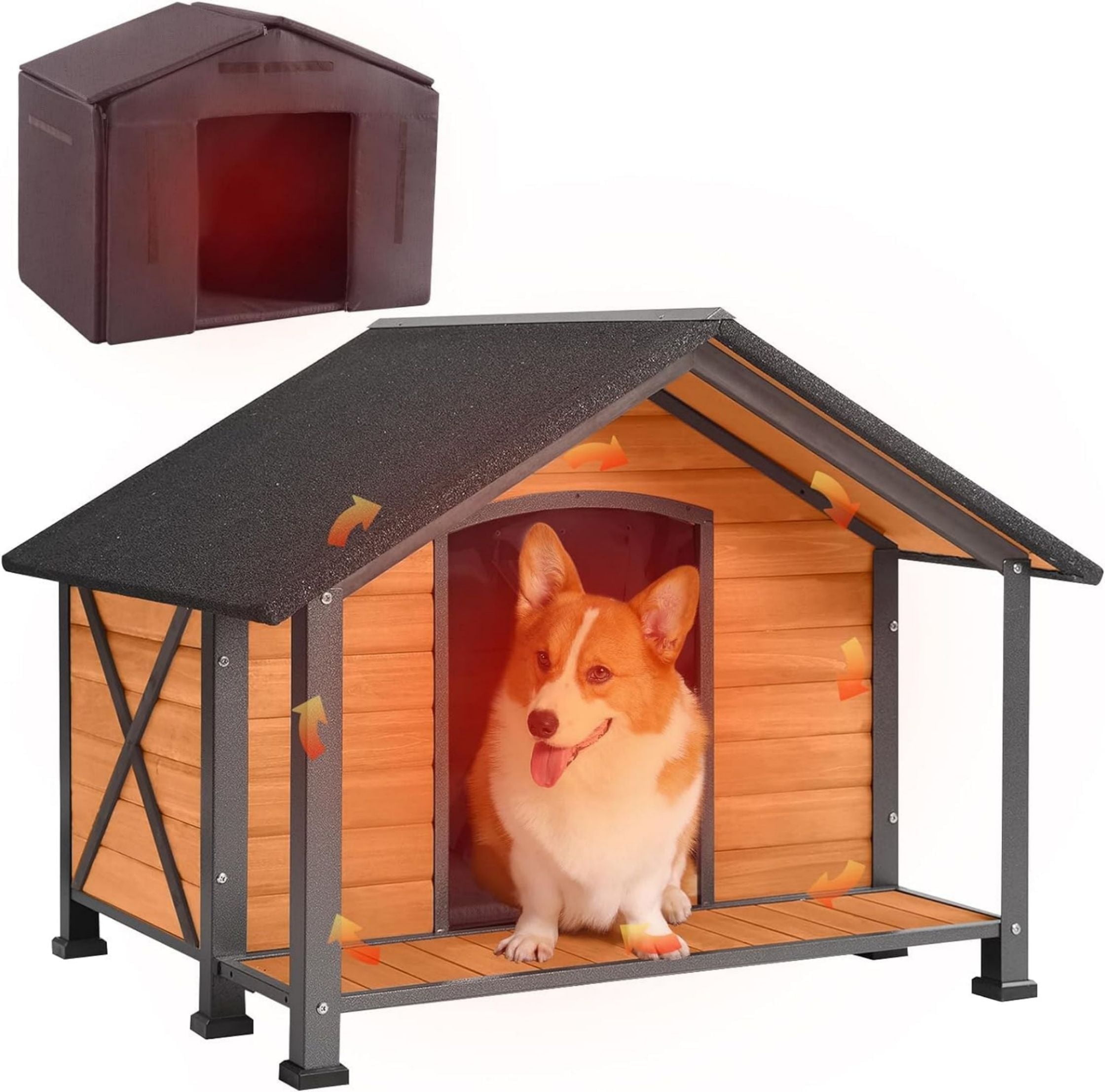 Large Brown Wooden Dog House with Metal Frame and Porch